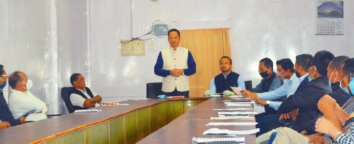 Chairman DPDB and MLA, Toyang Changkhong Chang chairing the Tuensang District Planning and Development Board meeting held at DC’s Conference Hall, Tuensang on October 6. (DIPR Photo)